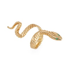 Vintage Elongated Snake Ring Sz 5 14k Yellow Gold Emerald Eyes Serpent Jewelry