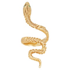 Bague vintage en forme de serpent allongé, taille 5, en or jaune 14 carats, avec des yeux en émeraude