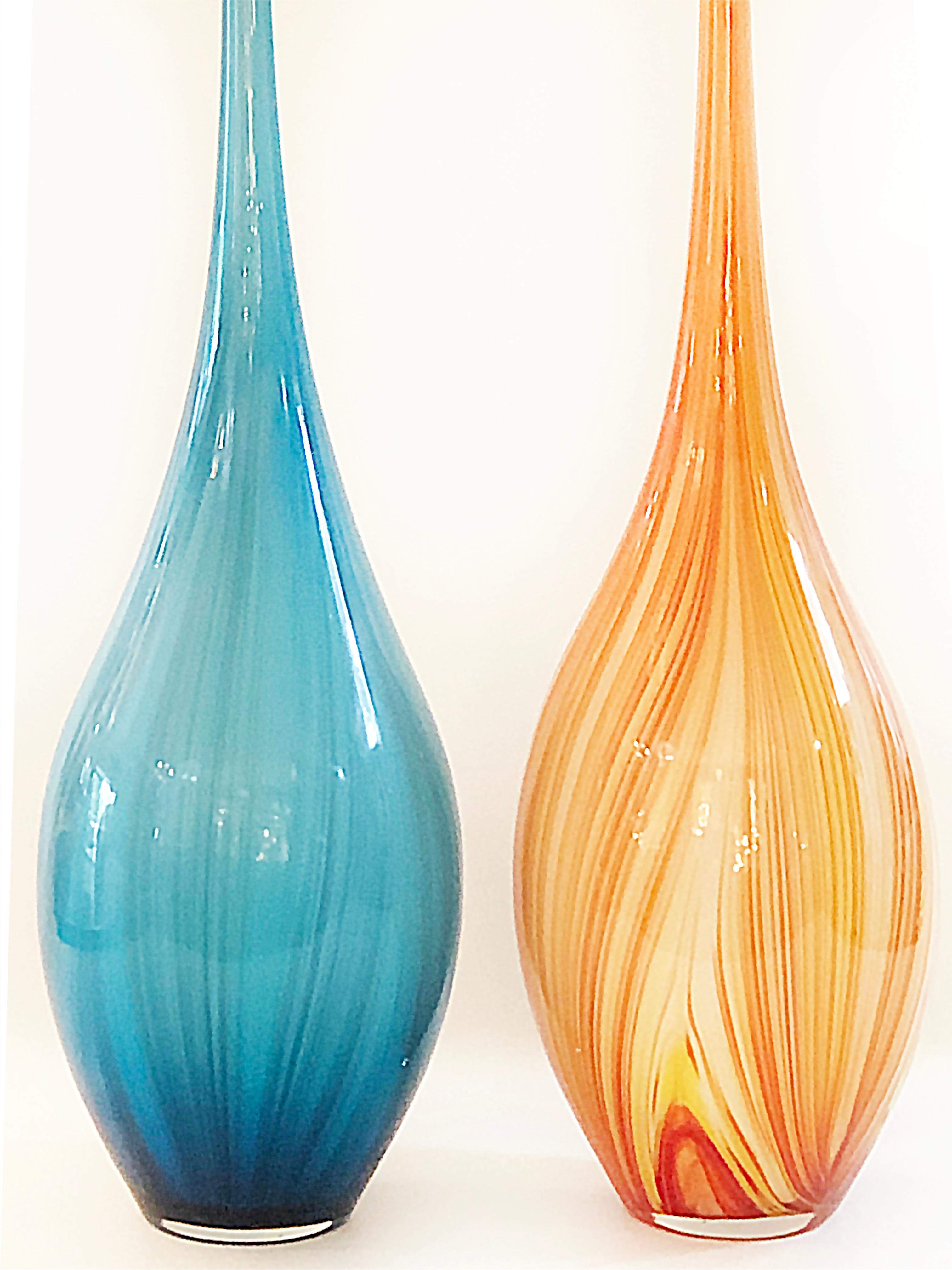 Vintage Elongated Tall Blown Glass Vases With Bulbous Bases In Blue And Vintage Elongated Tall Blown Glass Vases With Bulbous Bases In Blue And
