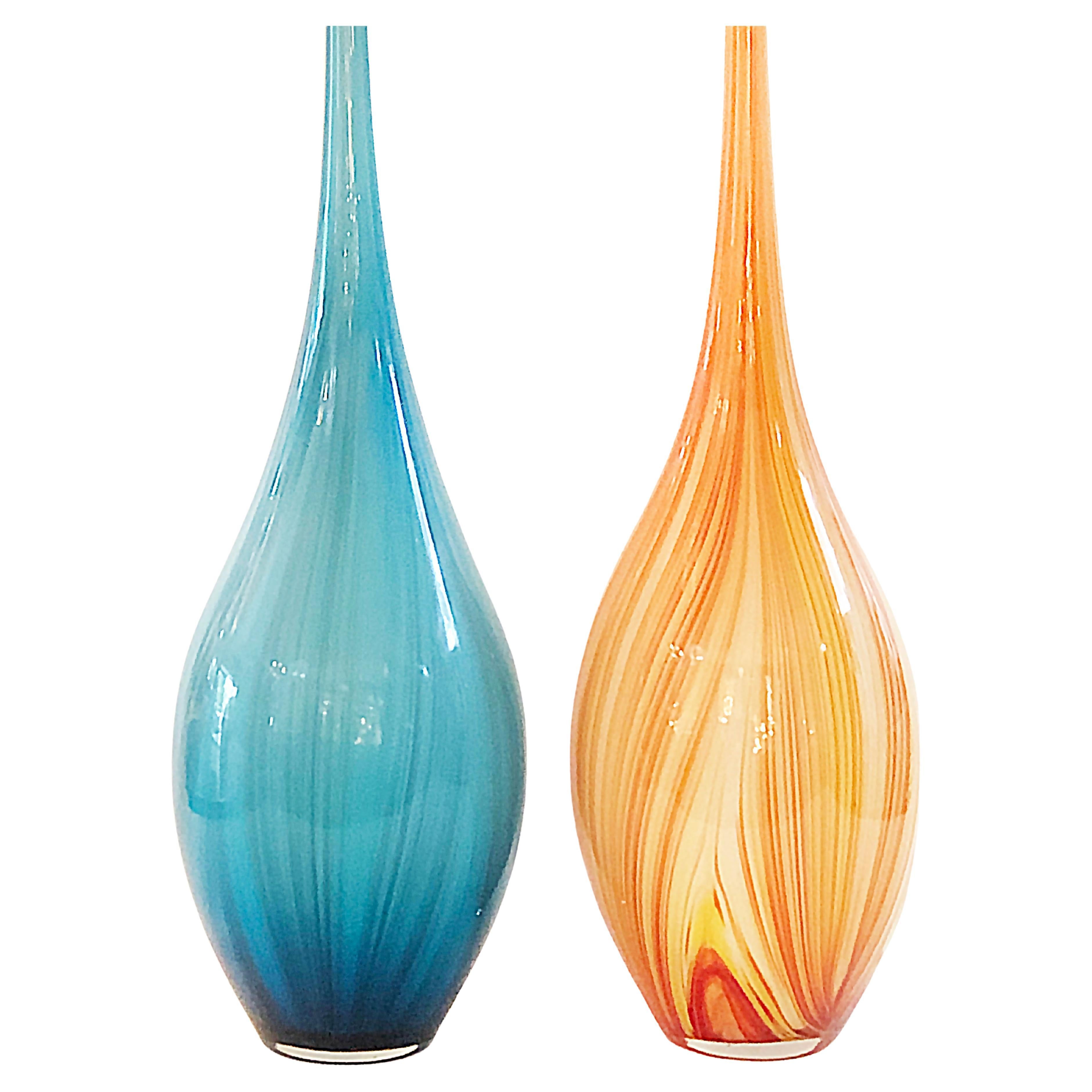 Vintage Elongated Tall Blown Glass Vases with Bulbous Bases in Blue and Amber