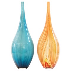 Vintage Elongated Tall Blown Glass Vases with Bulbous Bases in Blue and Amber