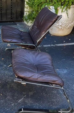 Vintage Elsa and Nordahl Solheim Leather & Chrome "Pirate" Lounge Chair & Ottoma