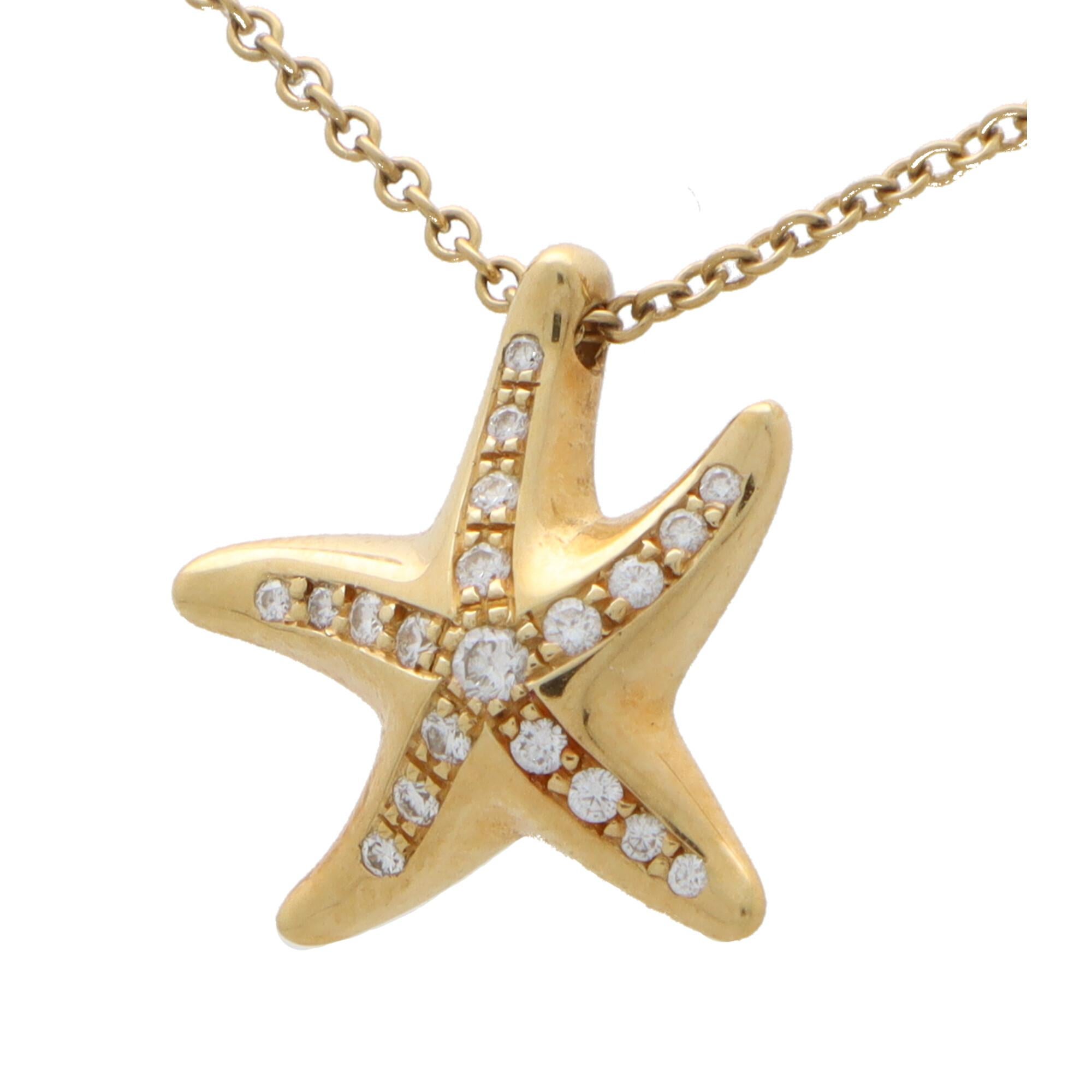 A beautiful vintage Elsa Peretti for Tiffany & Co. diamond starfish pendant necklace set in 18k yellow gold.

From the current Elsa Peretti collection, the pendant depicts an elegant starfish pave set to the top with 20 round brilliant cut diamonds.