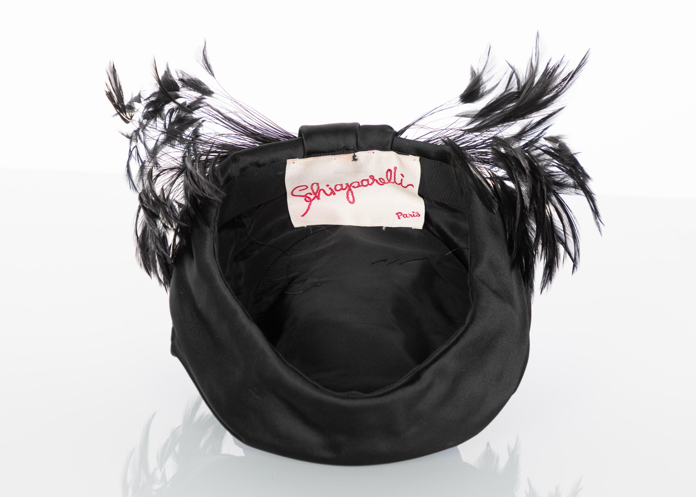 Vintage Elsa Schiaparelli Black Sculpted Satin Hat With Feathers In Excellent Condition In Boca Raton, FL