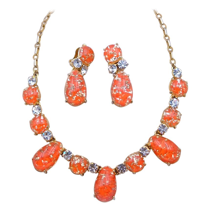 Vintage Elsa Schiaparelli Orange Glass Necklace and Earrings 1950's