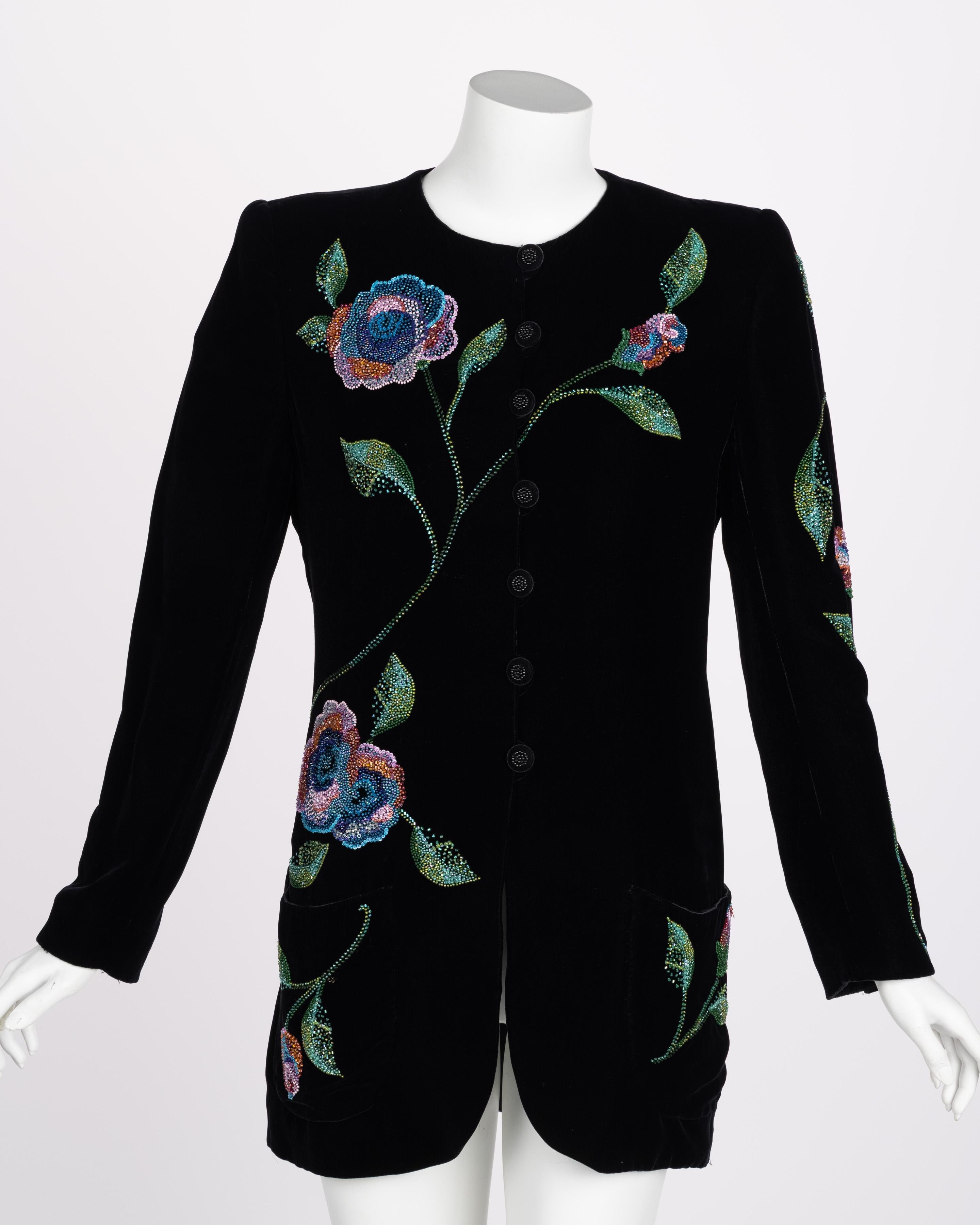 Vintage Emanuel Ungaro Black Silk Velvet Beaded Jacket, 1990s In Excellent Condition In Boca Raton, FL