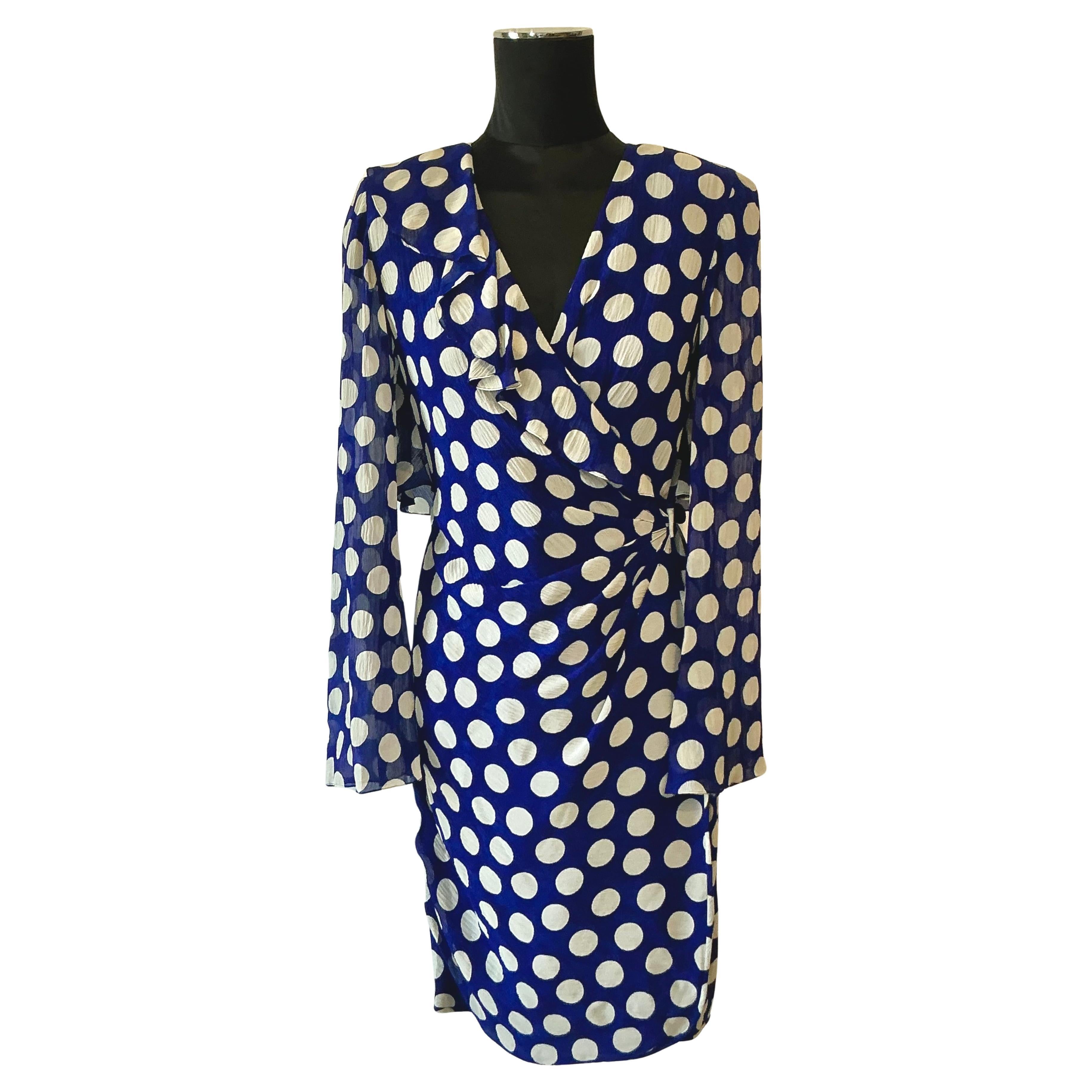 Vintage Emanuel Ungaro Blau-Weißes Polka Dot Kleid