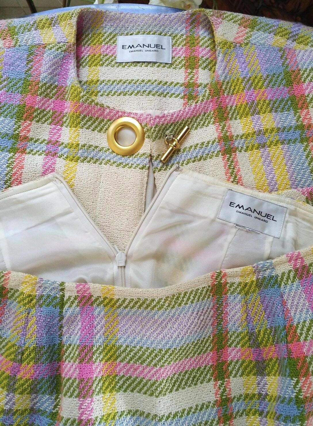 Vintage Emanuel Ungaro Couture Pastel Plaid Jacket & Skirt Suit FR 38/ US 4 6 For Sale 4
