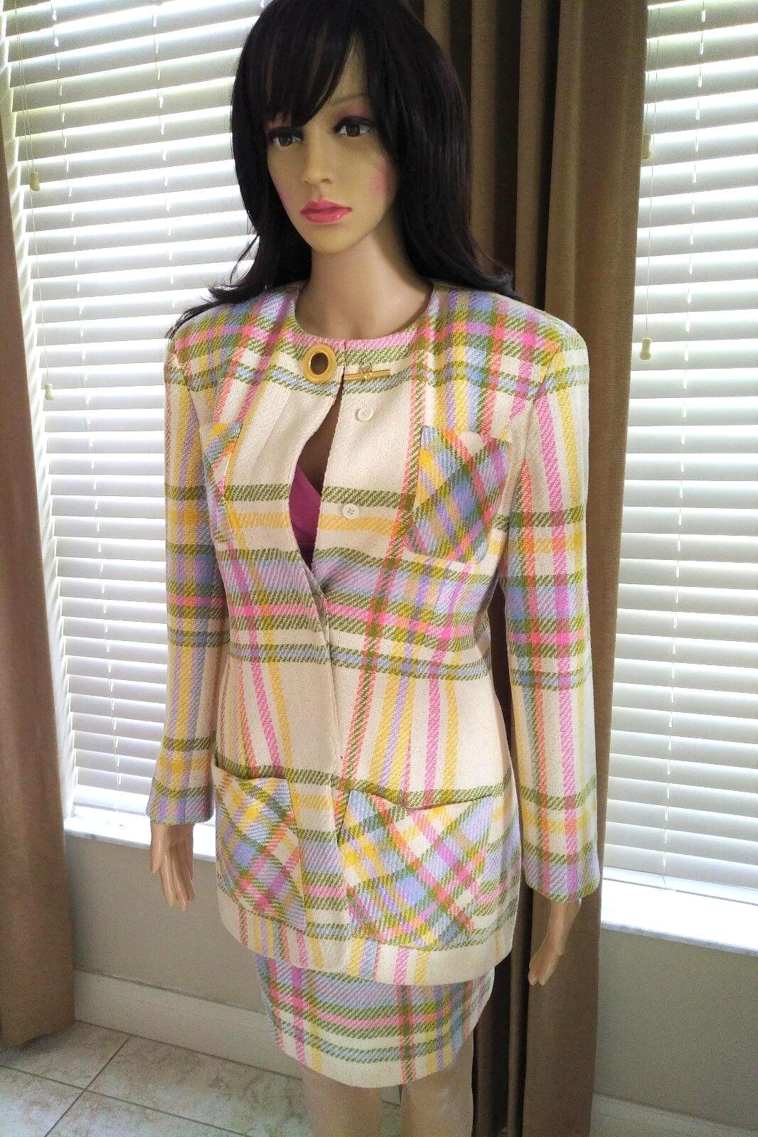 Vintage Emanuel Ungaro Couture Pastel Plaid Jacket & Skirt Suit FR 38/ US 4 6 For Sale 1