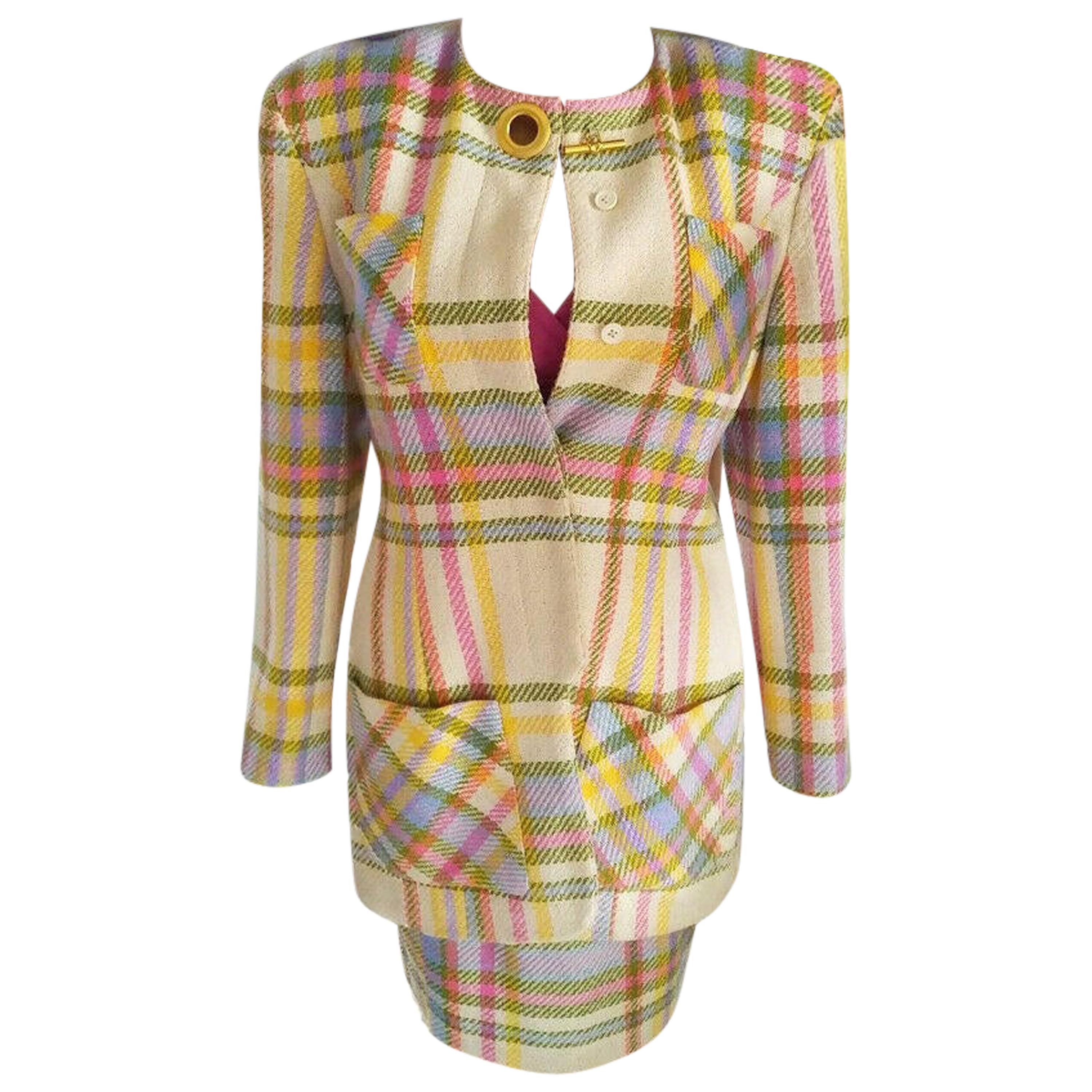 Vintage Emanuel Ungaro Couture Pastel Plaid Jacket & Skirt Suit FR 38/ US 4 6 For Sale