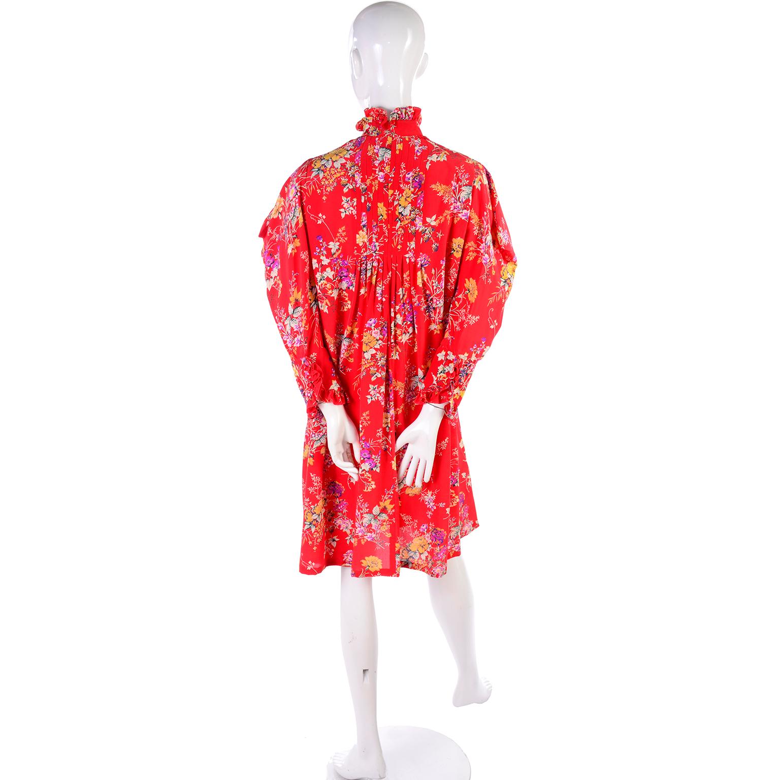 Vintage Emanuel Ungaro Dress in Red Floral Silk W High Neck & Dramatic Shoulders 3