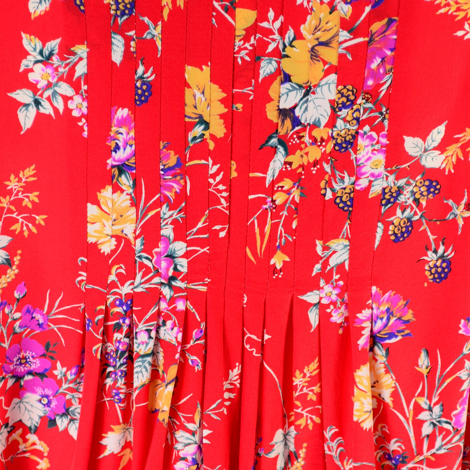 Vintage Emanuel Ungaro Dress in Red Floral Silk W High Neck & Dramatic Shoulders 4