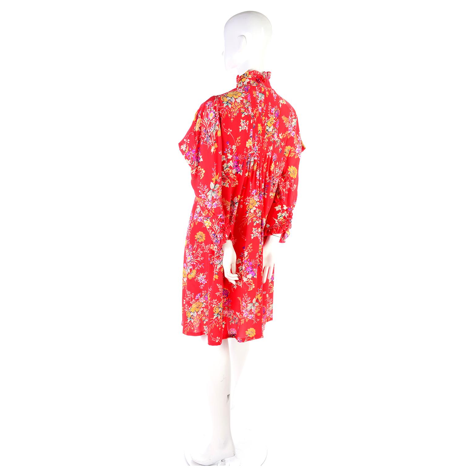 Vintage Emanuel Ungaro Dress in Red Floral Silk W High Neck & Dramatic Shoulders 5