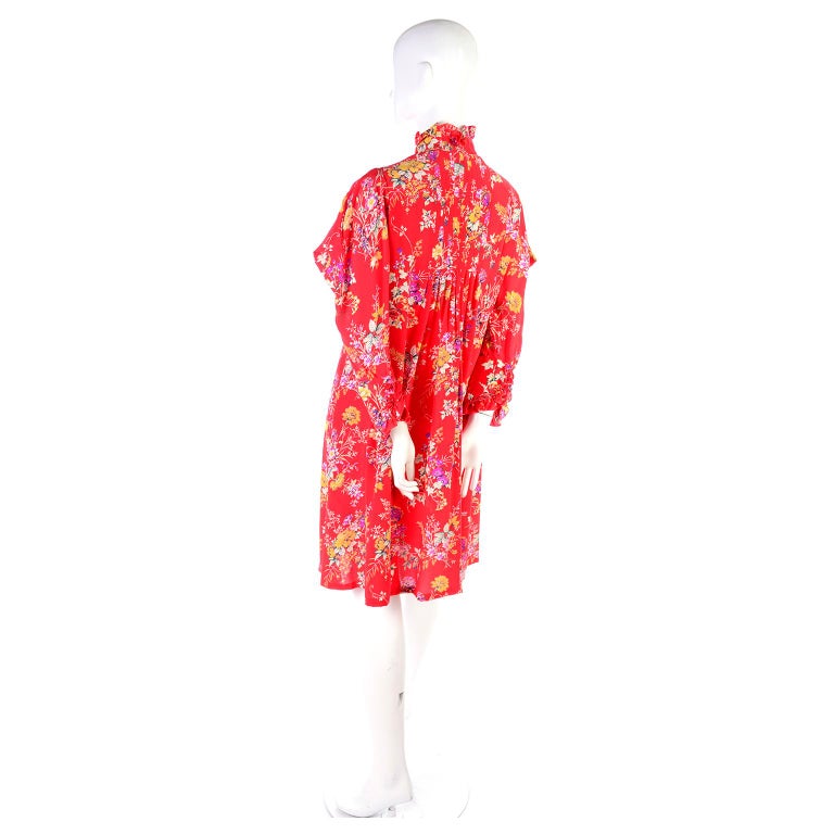 Vintage Emanuel Ungaro Dress in Red Floral Silk W High Neck and ...