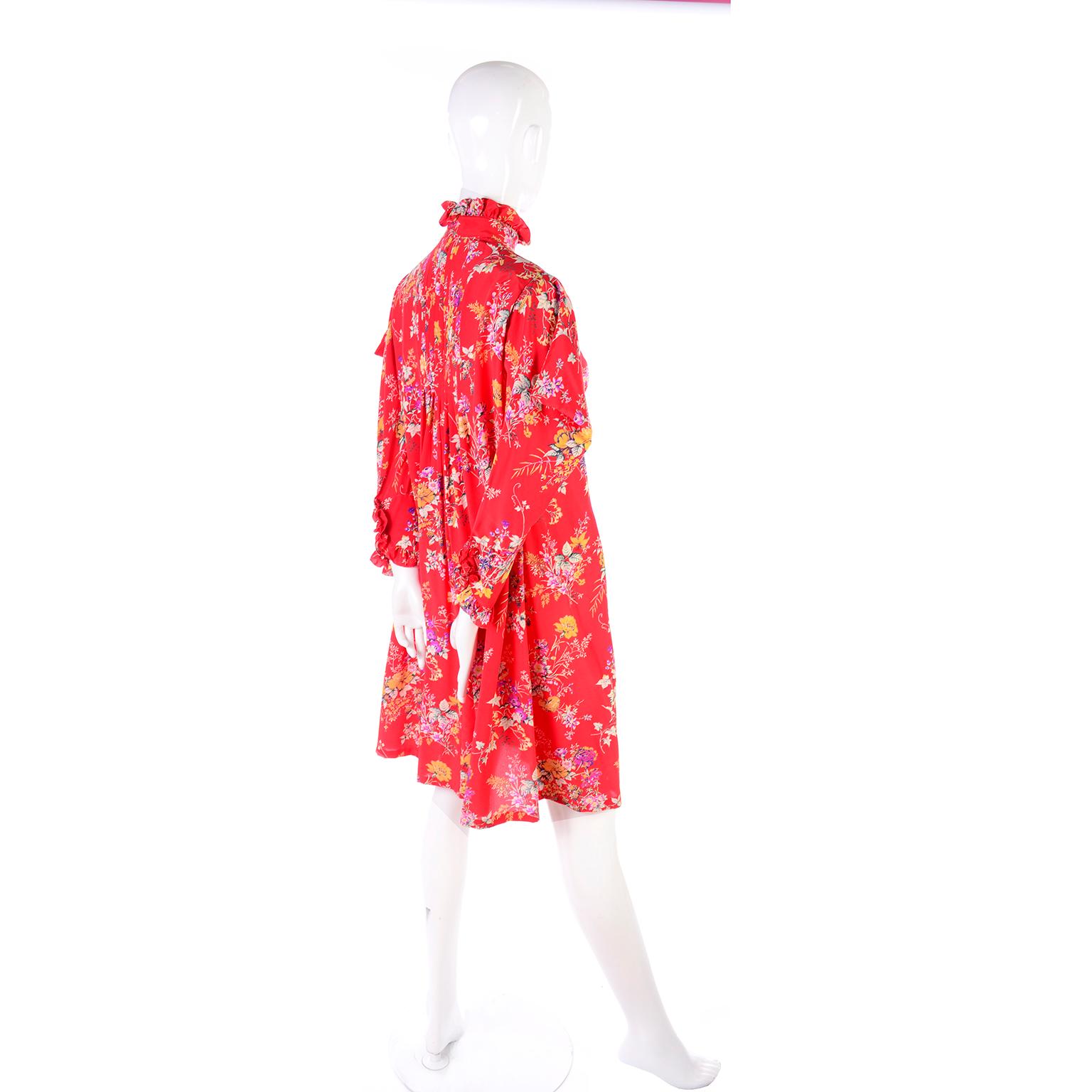 Vintage Emanuel Ungaro Dress in Red Floral Silk W High Neck & Dramatic Shoulders In Excellent Condition In Portland, OR