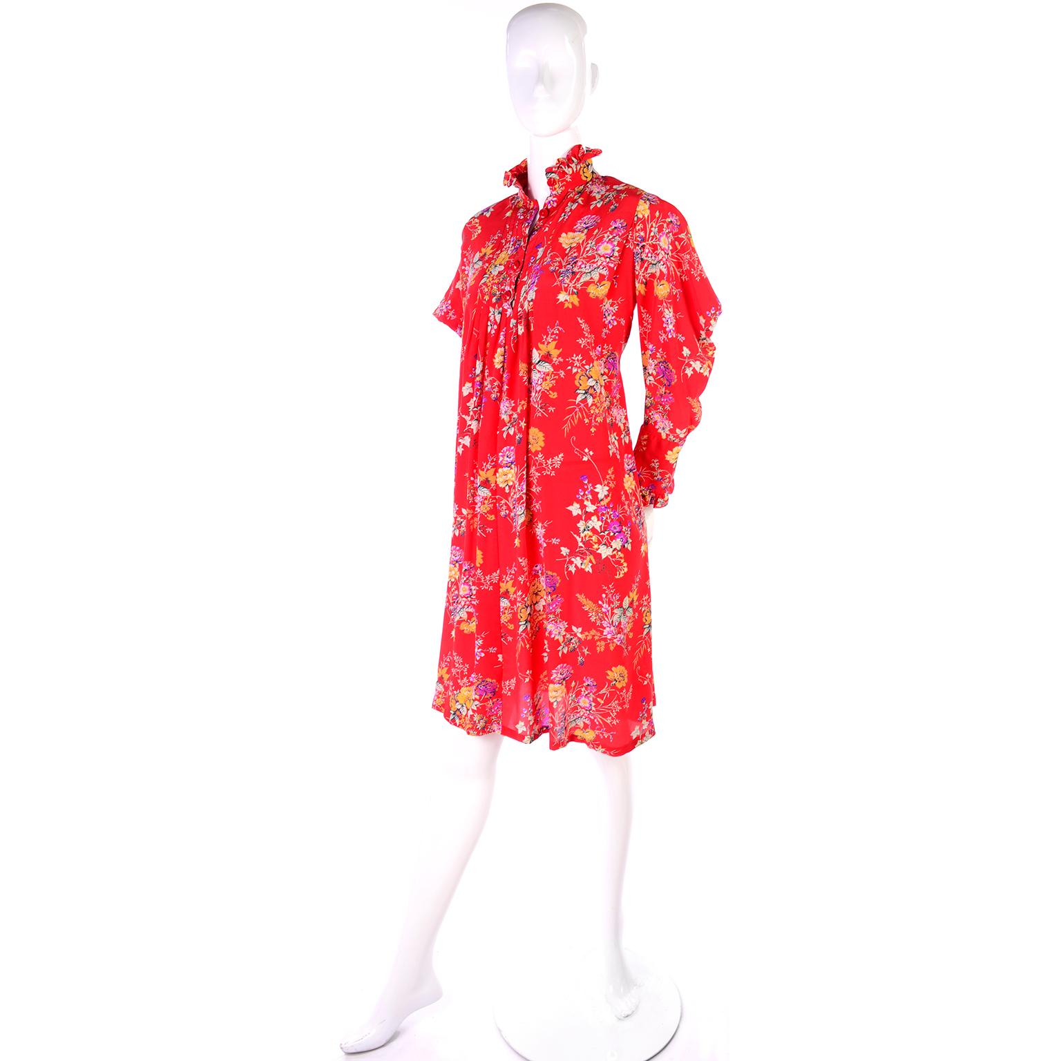 Women's Vintage Emanuel Ungaro Dress in Red Floral Silk W High Neck & Dramatic Shoulders