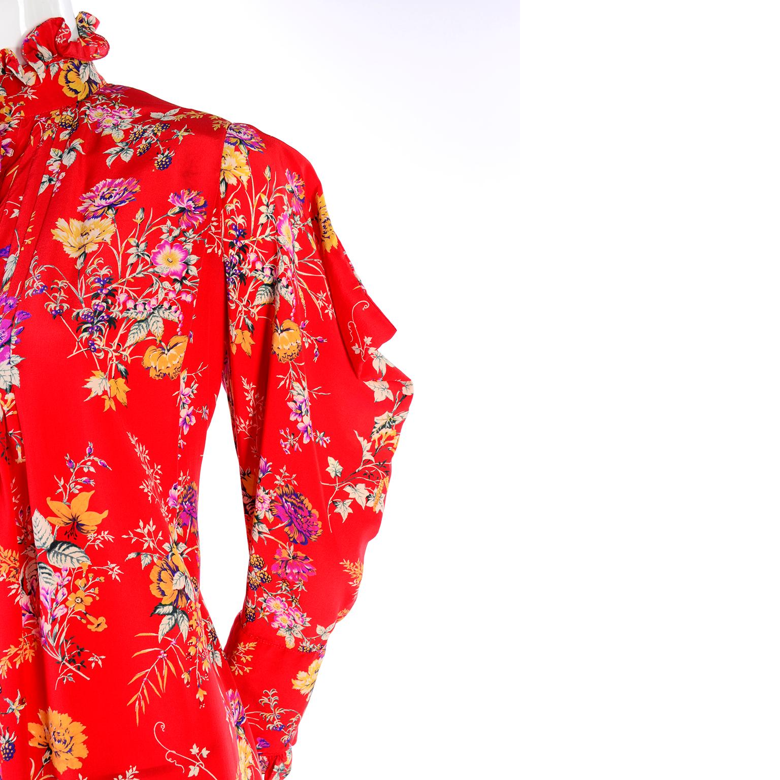 Vintage Emanuel Ungaro Dress in Red Floral Silk W High Neck & Dramatic Shoulders 1