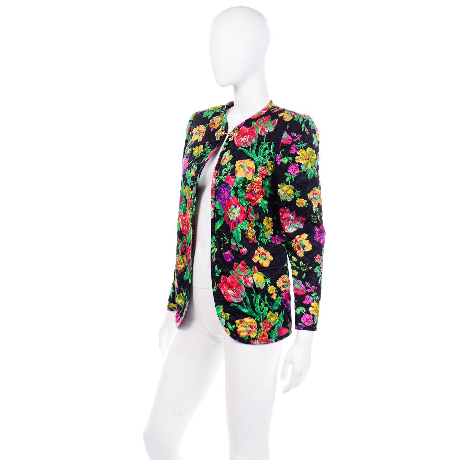 Black Vintage Emanuel Ungaro Parallele Colorful Floral Quilted Jacket Deadstock w Tags