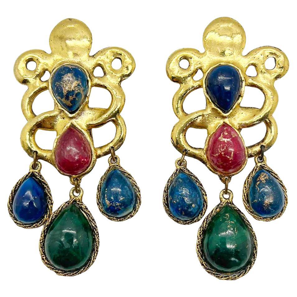 Vintage Emanuel Ungaro, Paris Statement Cabochon Art Glass Earrings 1970s For Sale