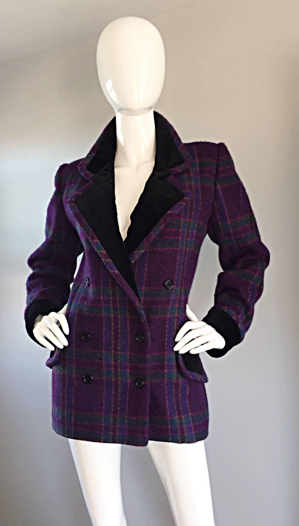 Chic vintage EMANUEL UNGARO regal purple, fuchsia, and green wool tartan plaid jacket! Collar, front pockets, and sleeve cuffs are trimmed in luxurious black velvet. Double breasted style, with a great fit! Looks great with a skirt, yet perfect with