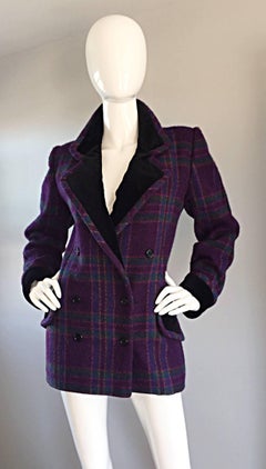 Vintage Emanuel Ungaro Purple Green Fuchsia Plaid Wool Velvet Jacket Blazer