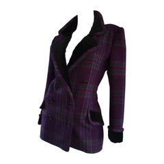 Vintage Emanuel Ungaro Purple, Green, Fuchsia Plaid Wool & Velvet Jacket Blazer