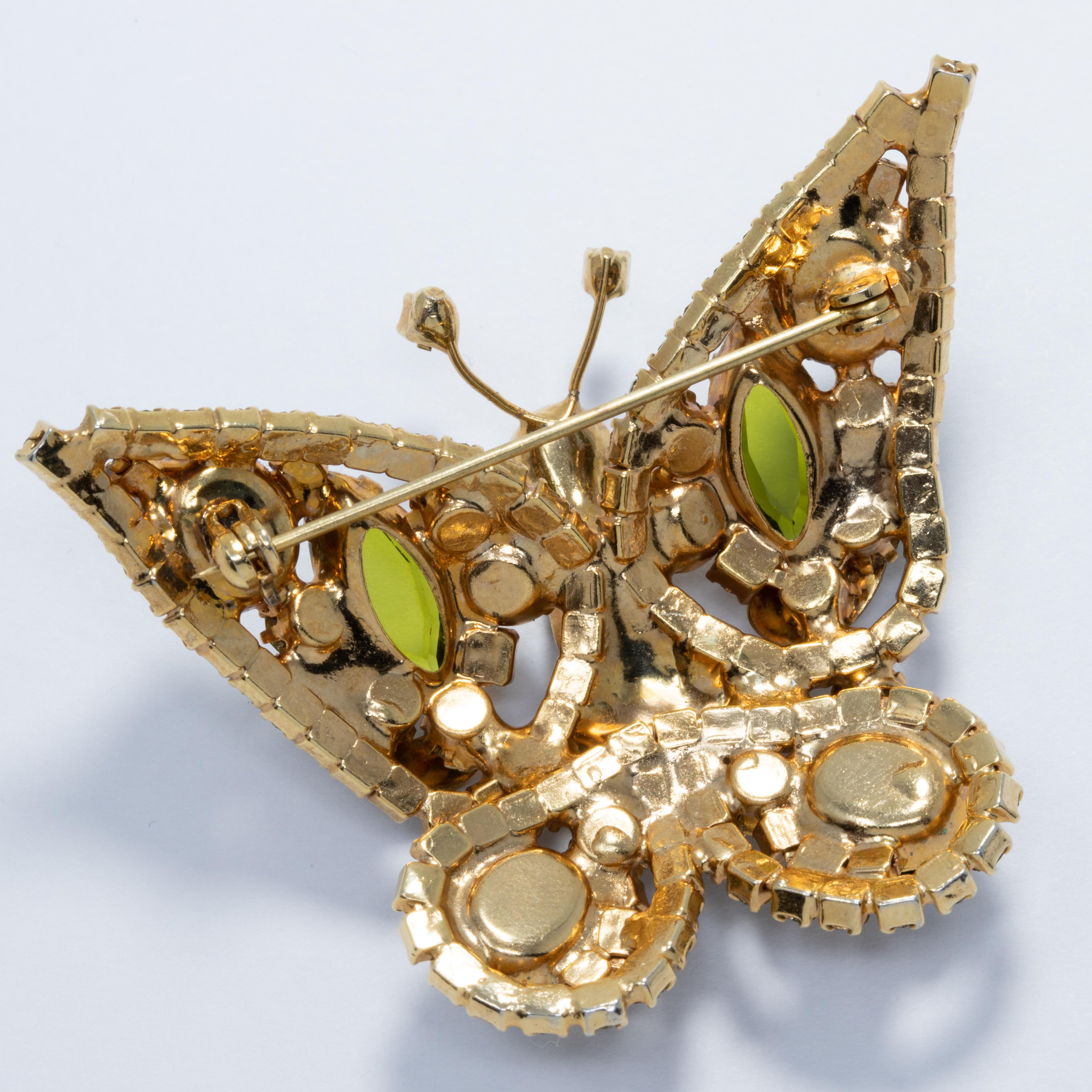 Round Cut Vintage Embellished Gold and Green Crystal Butterfly Pin Brooch, Retro For Sale