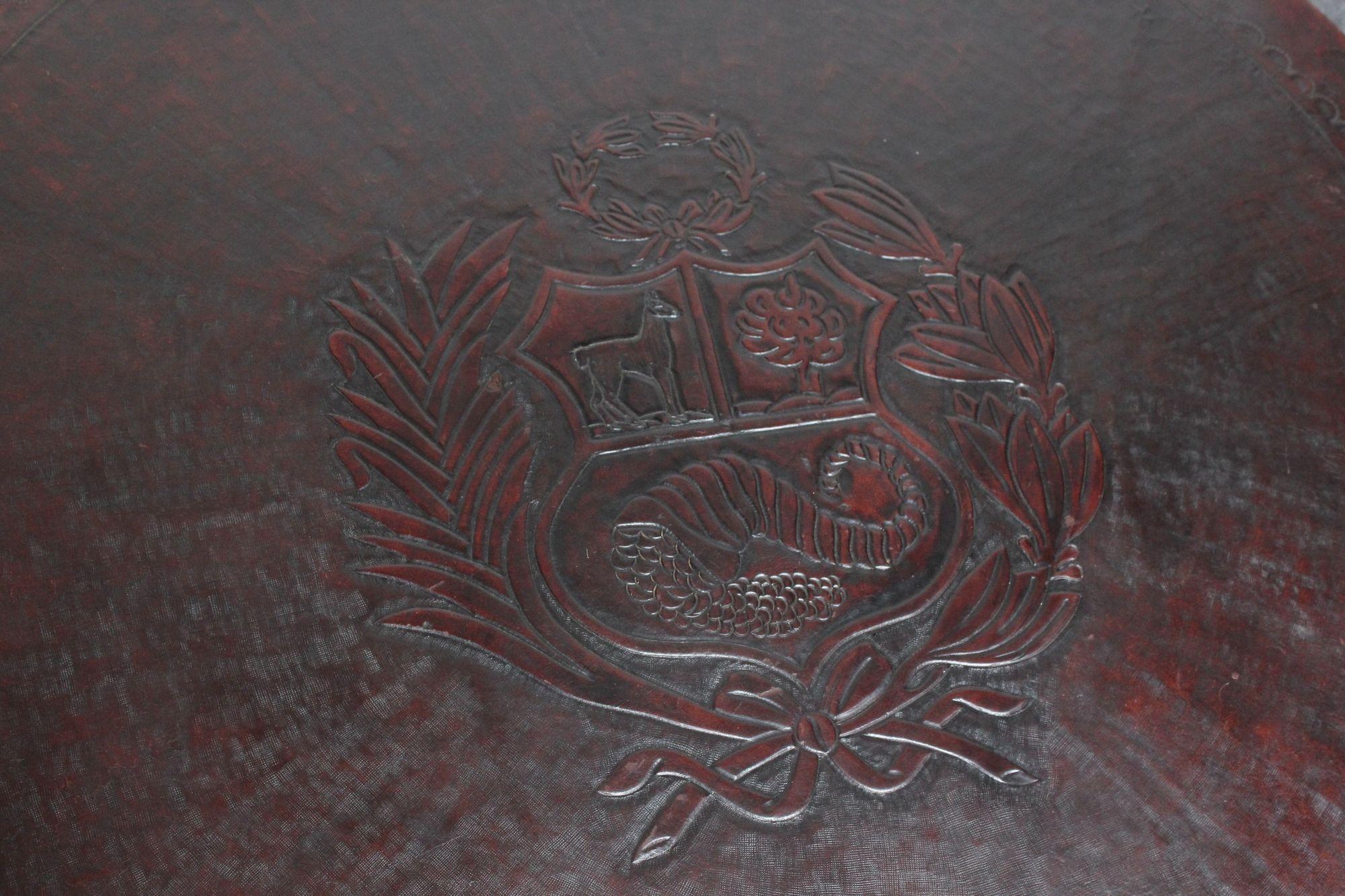 Vintage Embossed Leather Peruvian Coat of Arms Coffee Table and Nesting Stools 7