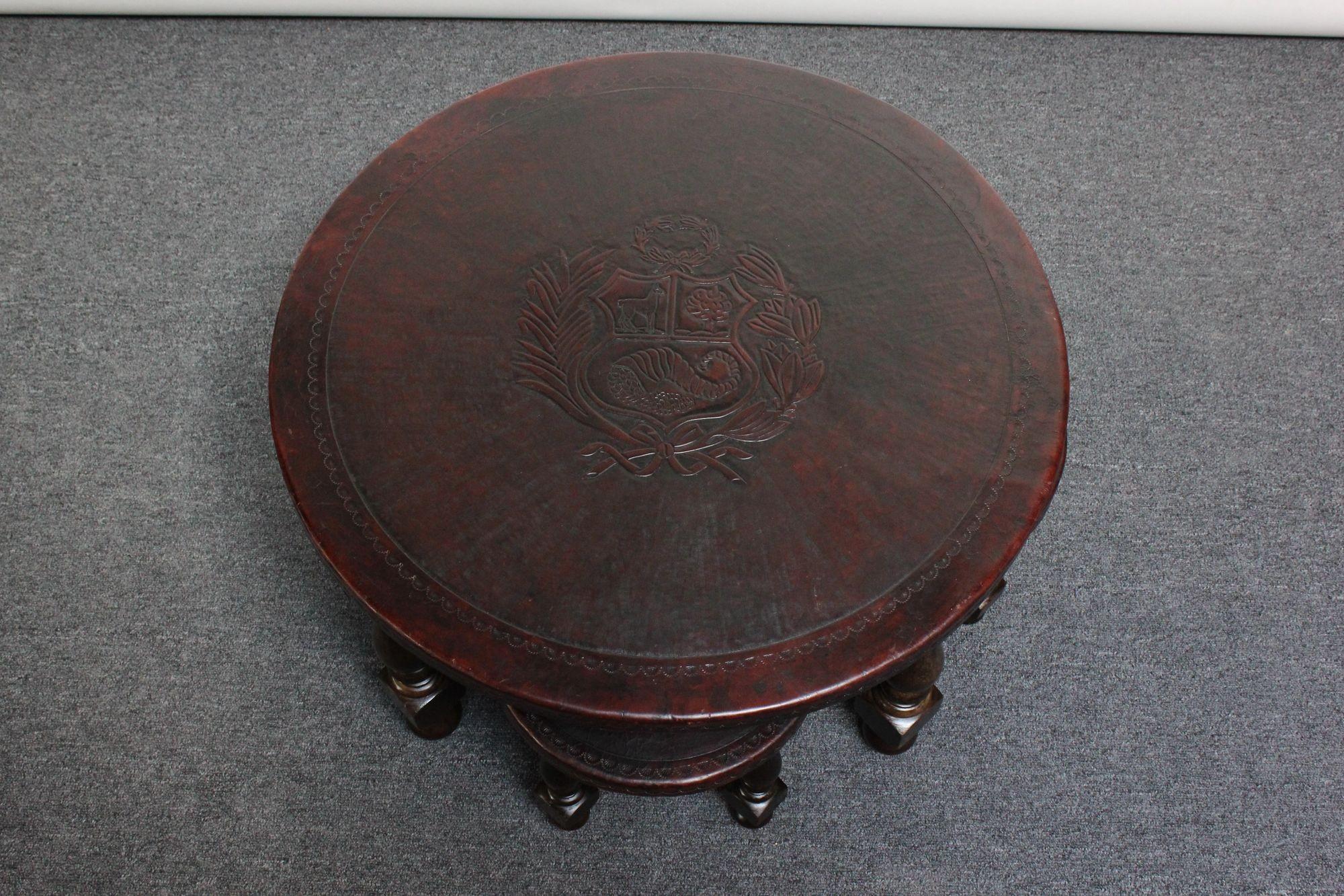 Vintage Embossed Leather Peruvian Coat of Arms Coffee Table and Nesting Stools 11
