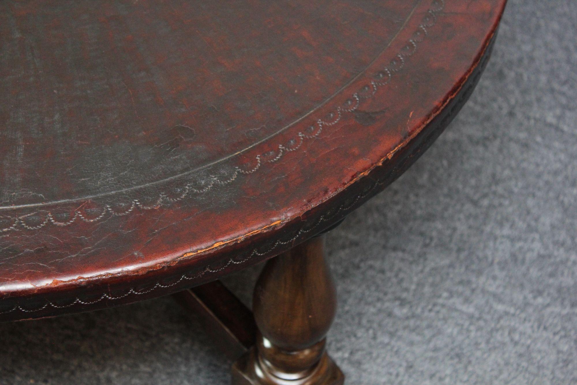 Mid-20th Century Vintage Embossed Leather Peruvian Coat of Arms Coffee Table and Nesting Stools