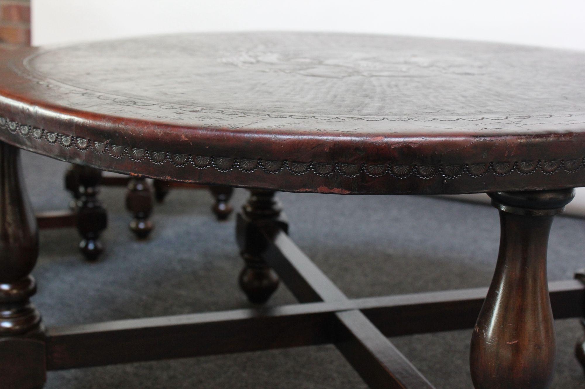 Vintage Embossed Leather Peruvian Coat of Arms Coffee Table and Nesting Stools 1