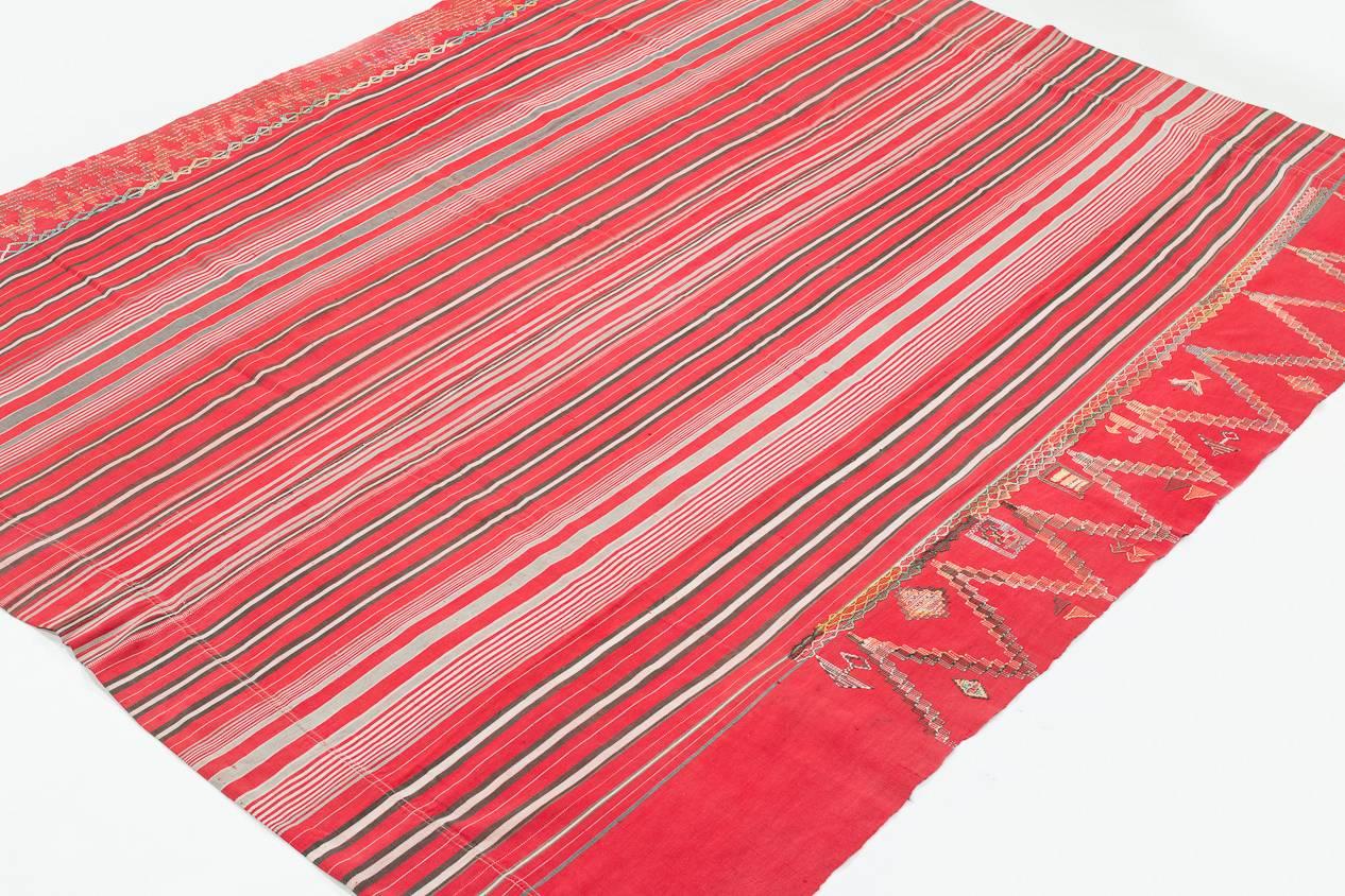 Tribal Vintage West African Hand Embroidered Textile Wrap Fabric, Red and Black Stripes For Sale