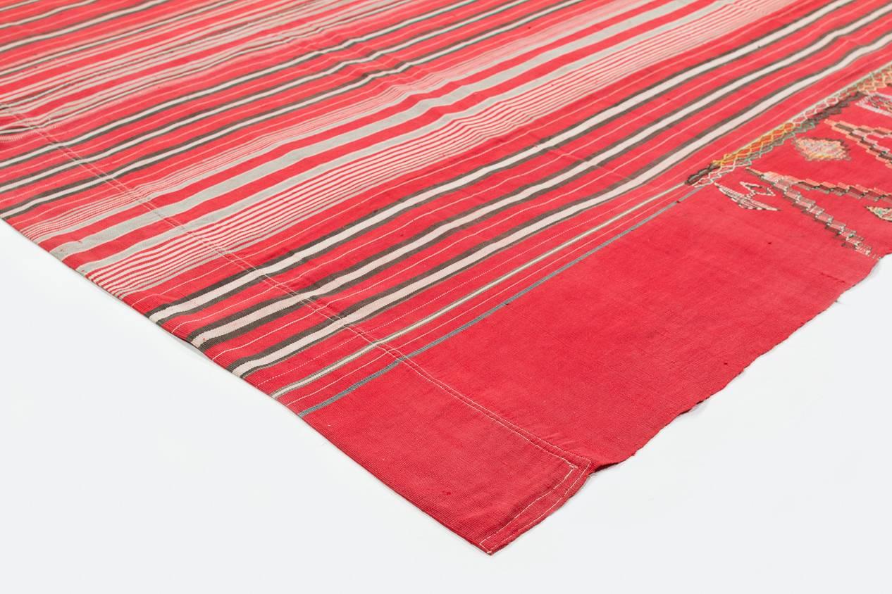 Nigerian Vintage West African Hand Embroidered Textile Wrap Fabric, Red and Black Stripes For Sale