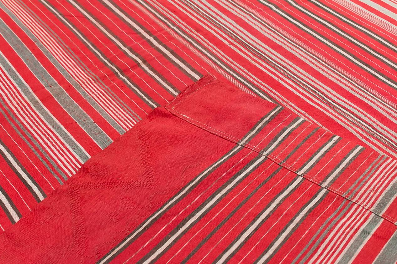 Hand-Woven Vintage West African Hand Embroidered Textile Wrap Fabric, Red and Black Stripes For Sale