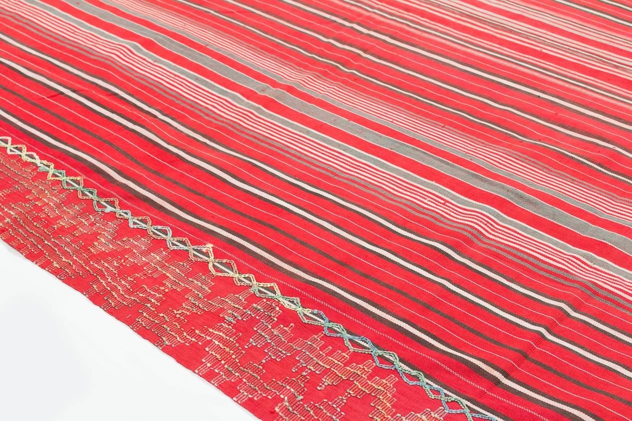 Vintage West African Hand Embroidered Textile Wrap Fabric, Red and Black Stripes In Excellent Condition For Sale In New York, NY