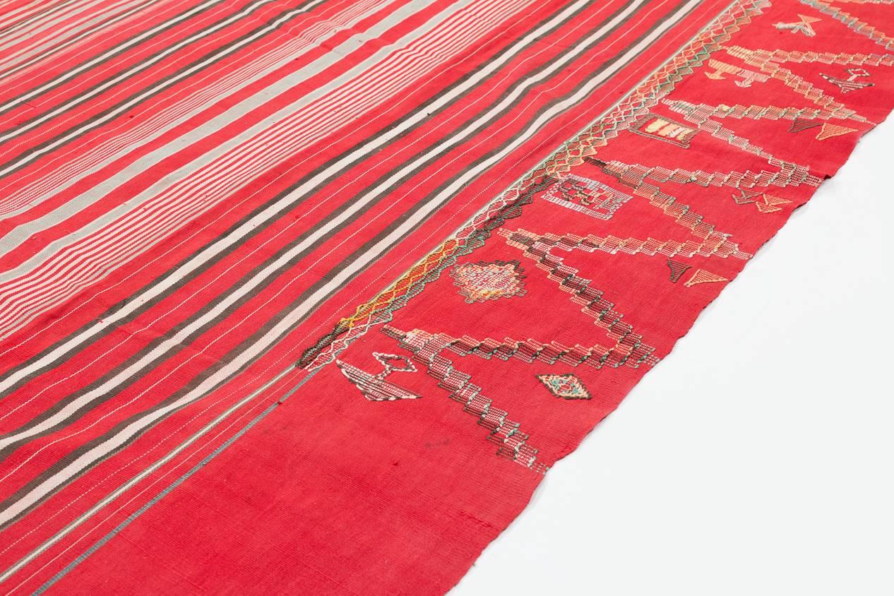 Mid-20th Century Vintage West African Hand Embroidered Textile Wrap Fabric, Red and Black Stripes For Sale