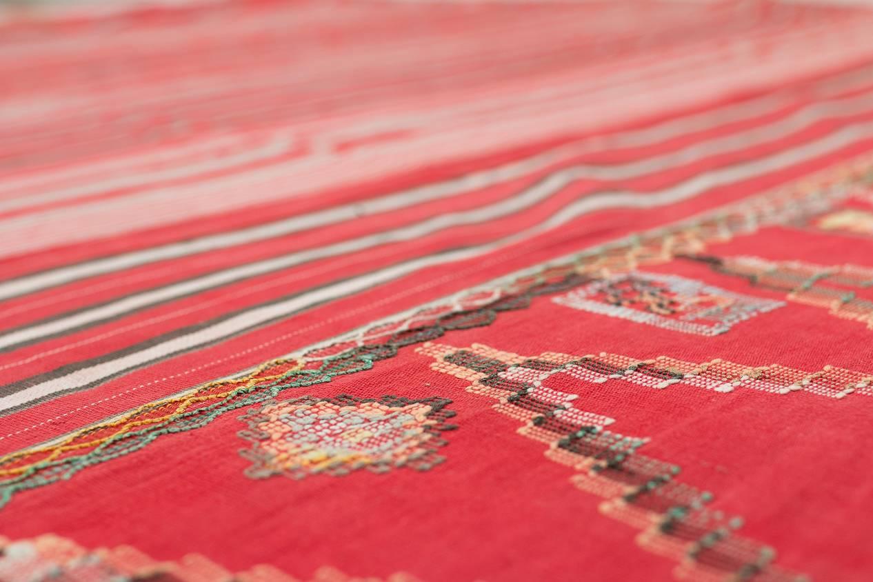 Cotton Vintage West African Hand Embroidered Textile Wrap Fabric, Red and Black Stripes For Sale