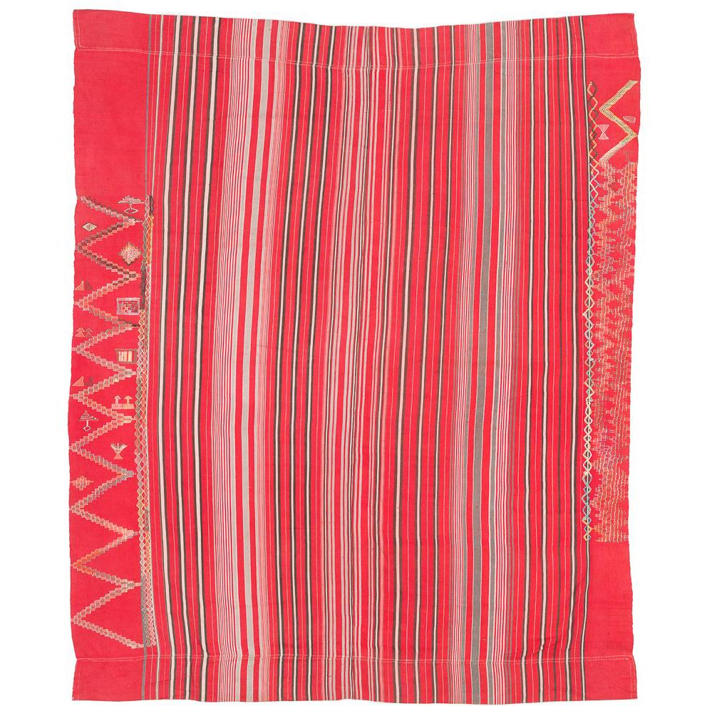 Vintage West African Hand Embroidered Textile Wrap Fabric, Red and Black Stripes