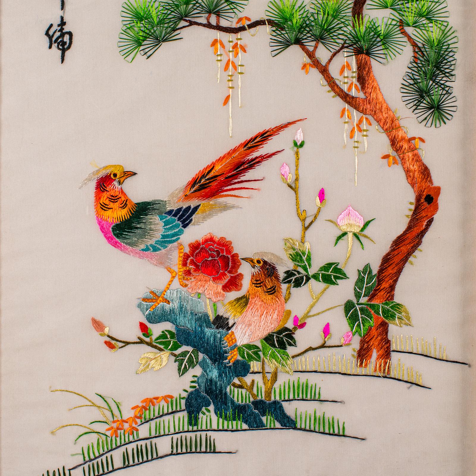 Panel Vintage Bordado Pájaro, Coreano, Algodón Seda, Bordado, Art Decó, 1930 en venta 1