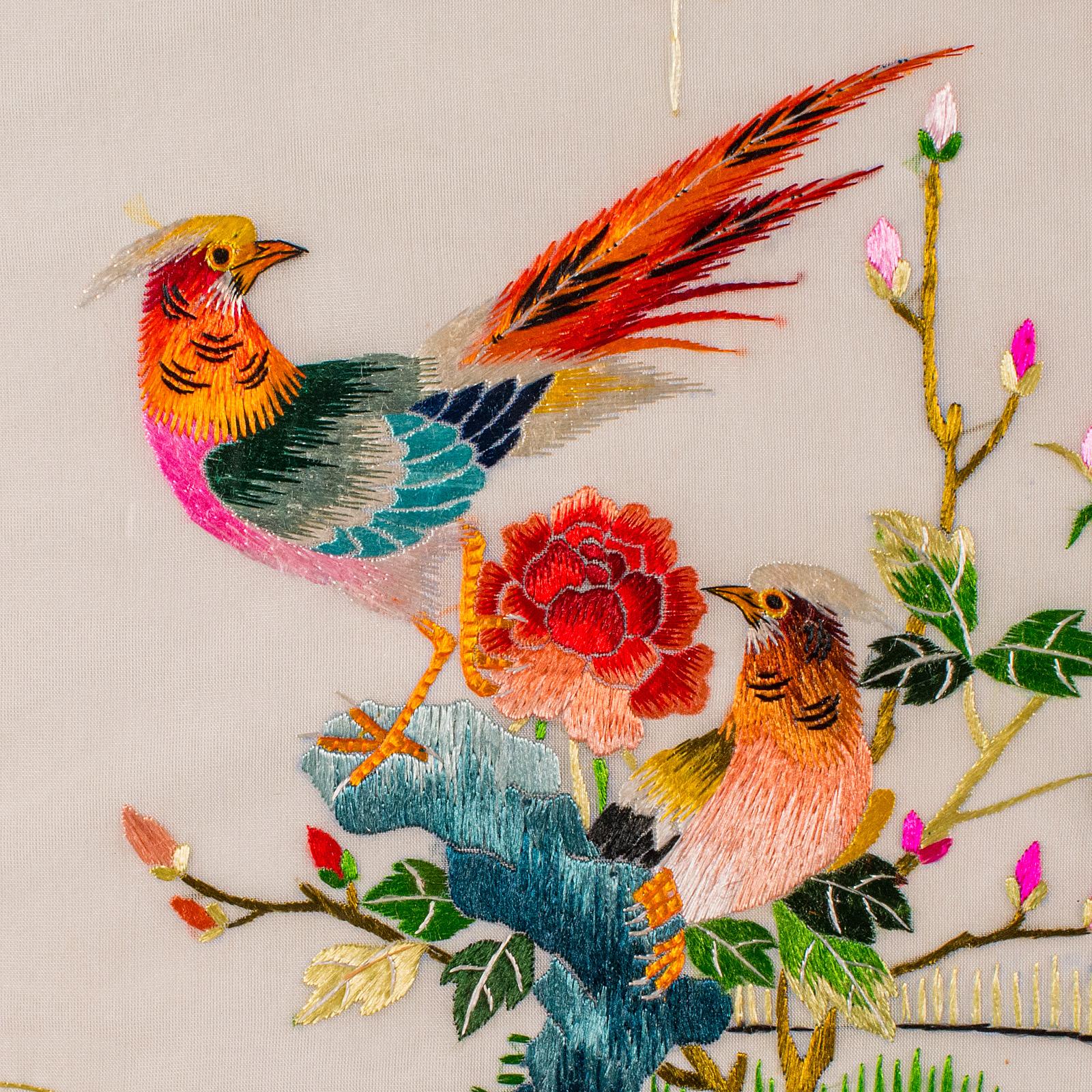 Panel Vintage Bordado Pájaro, Coreano, Algodón Seda, Bordado, Art Decó, 1930 en venta 3