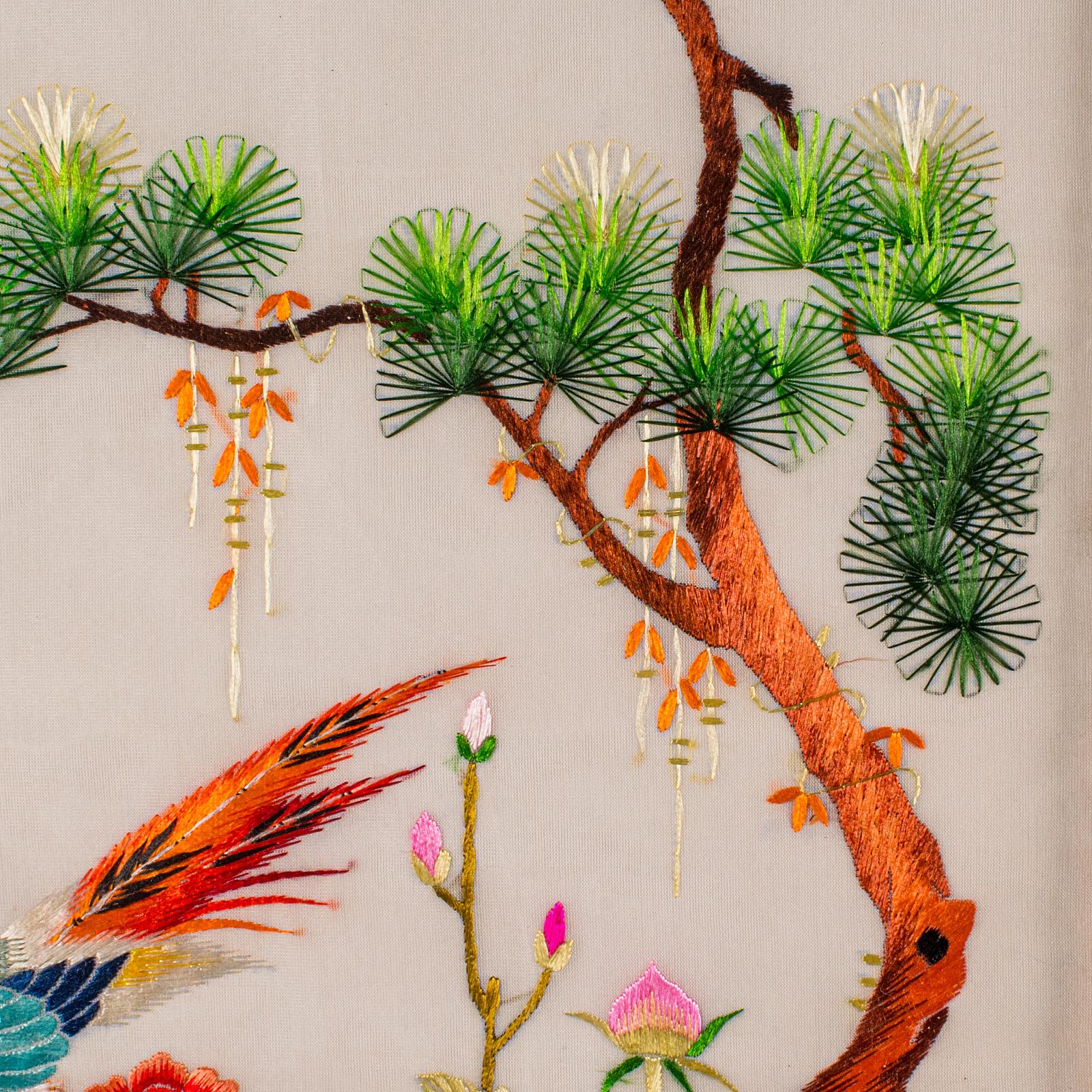 Panel Vintage Bordado Pájaro, Coreano, Algodón Seda, Bordado, Art Decó, 1930 en venta 4