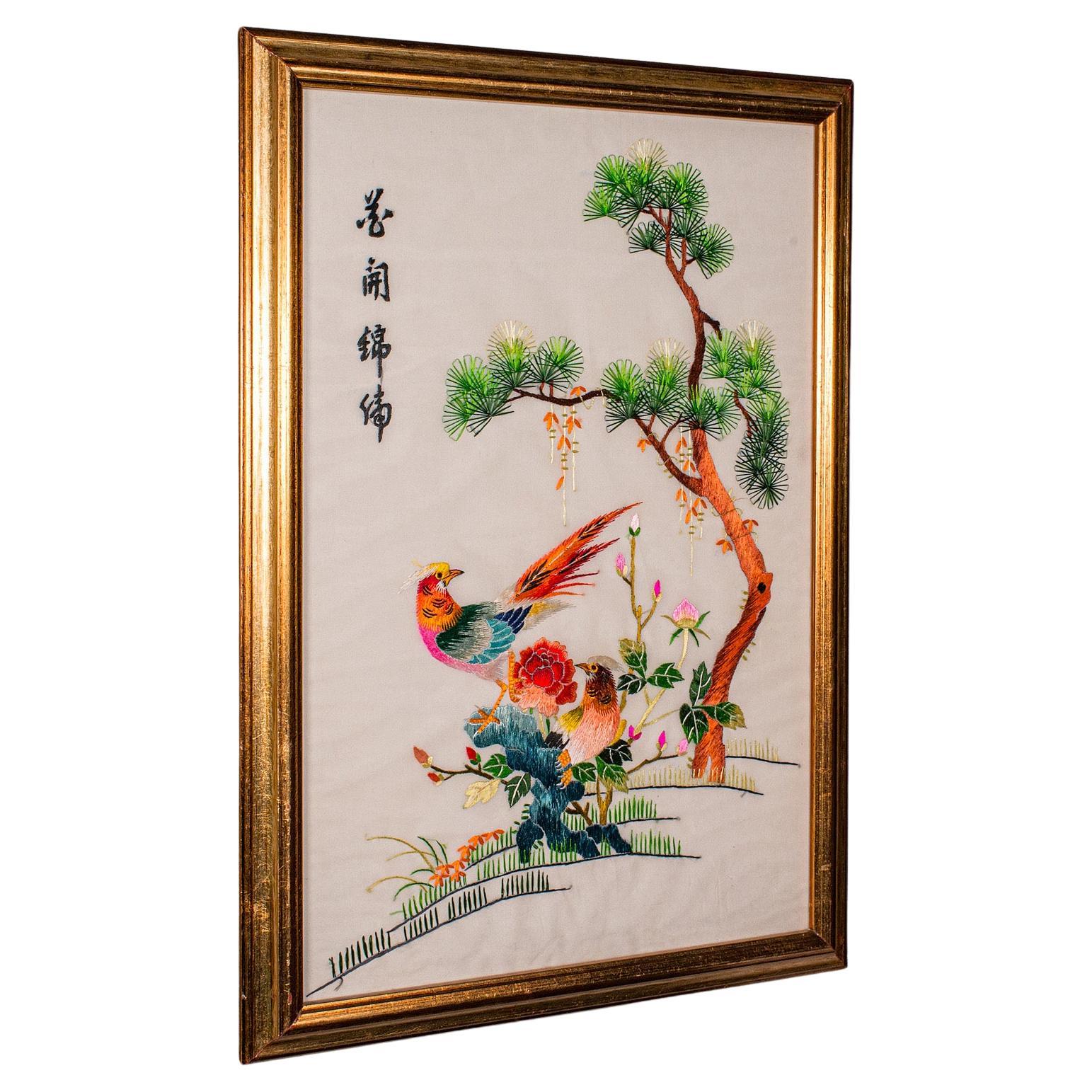 Panel Vintage Bordado Pájaro, Coreano, Algodón Seda, Bordado, Art Decó, 1930