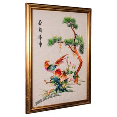 Vintage Embroidered Bird Panel, Korean, Silk Cotton, Embroidery, Art Deco, 1930