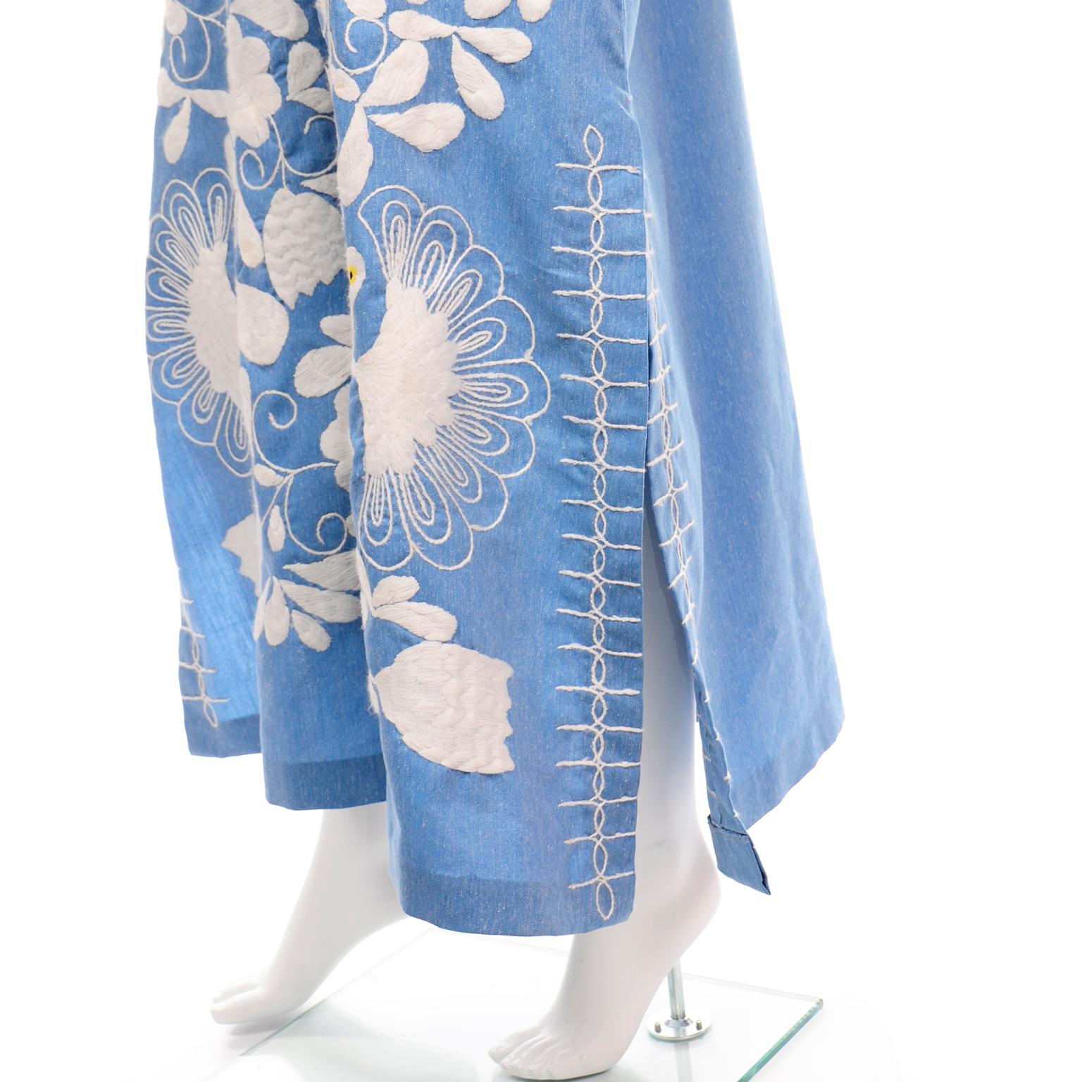 Vintage Embroidered Blue and White Caftan Dress With Floral Bird Motif 2