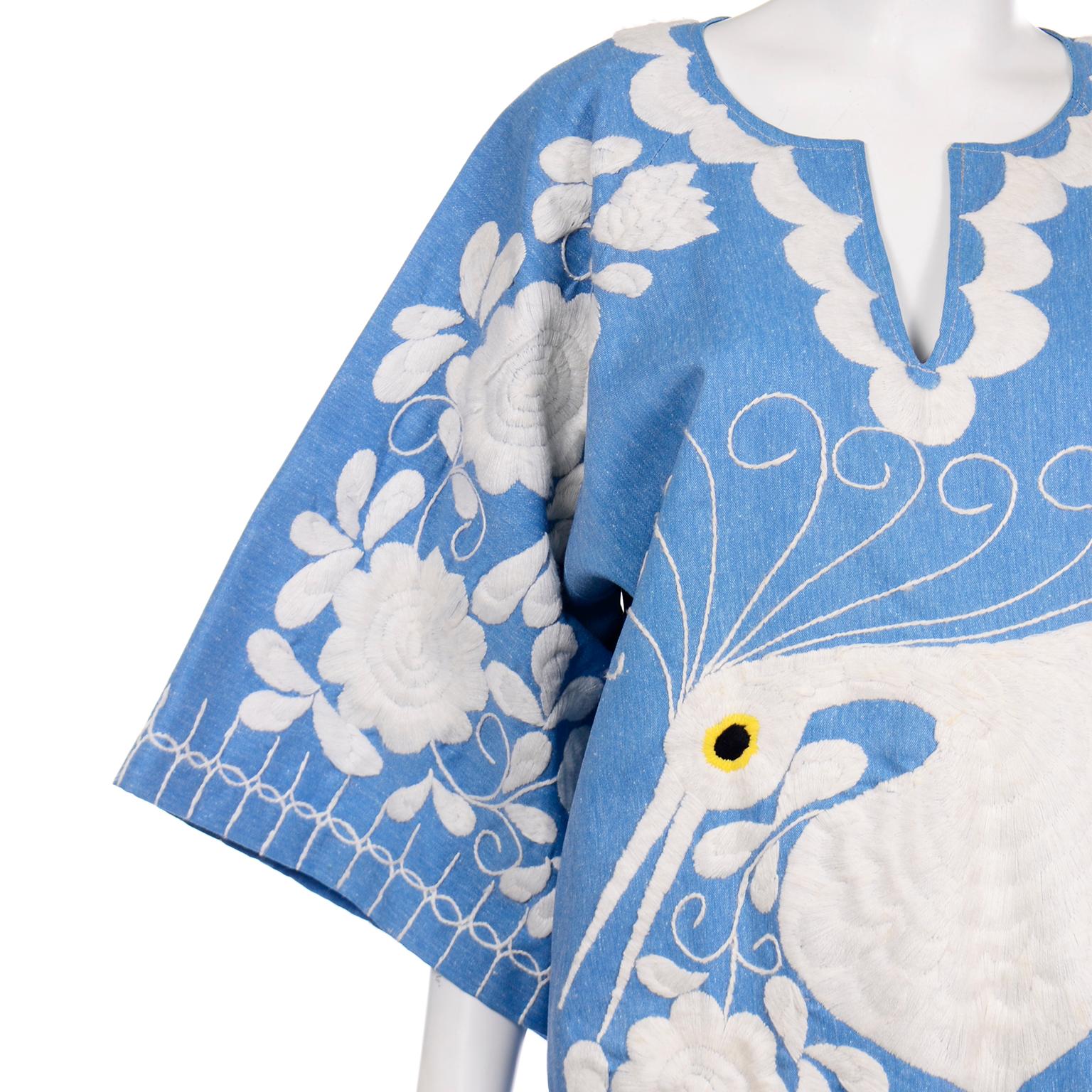 Purple Vintage Embroidered Blue and White Caftan Dress With Floral Bird Motif