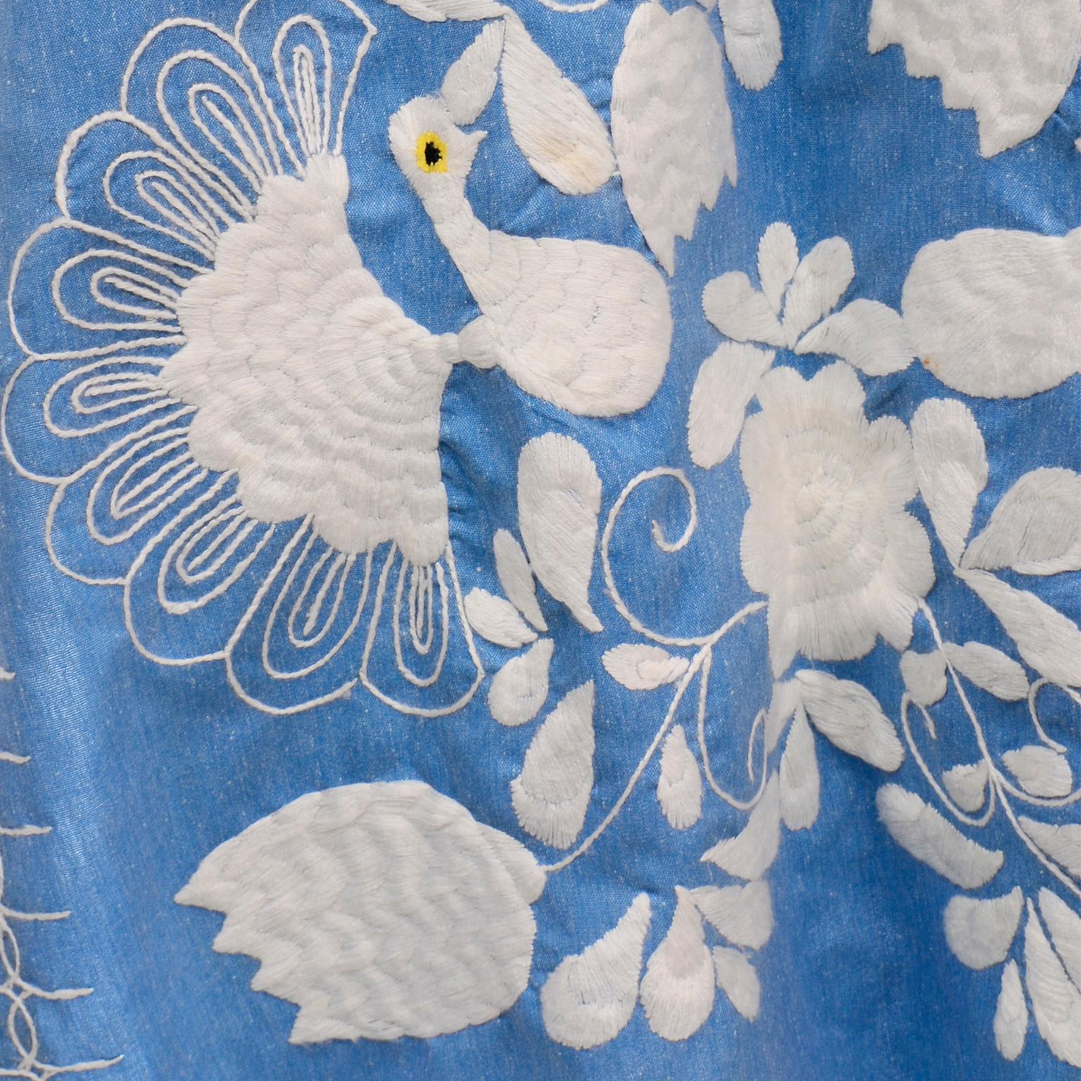 Vintage Embroidered Blue and White Caftan Dress With Floral Bird Motif 1