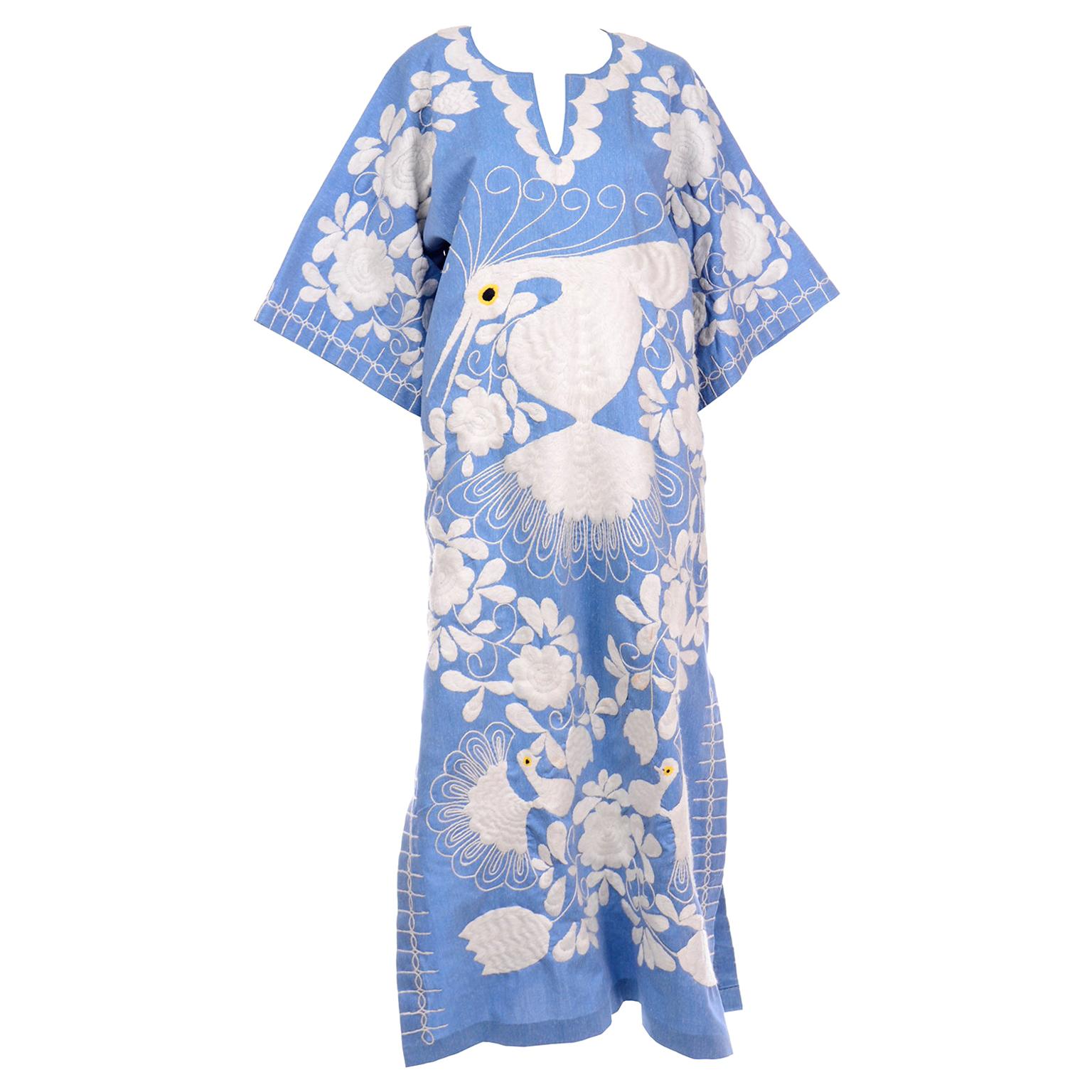Vintage Embroidered Blue and White Caftan Dress With Floral Bird Motif