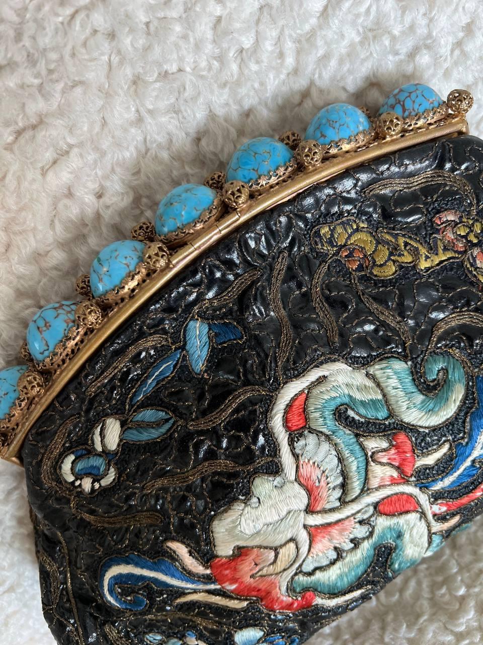 Black Vintage embroidered clutch bag For Sale