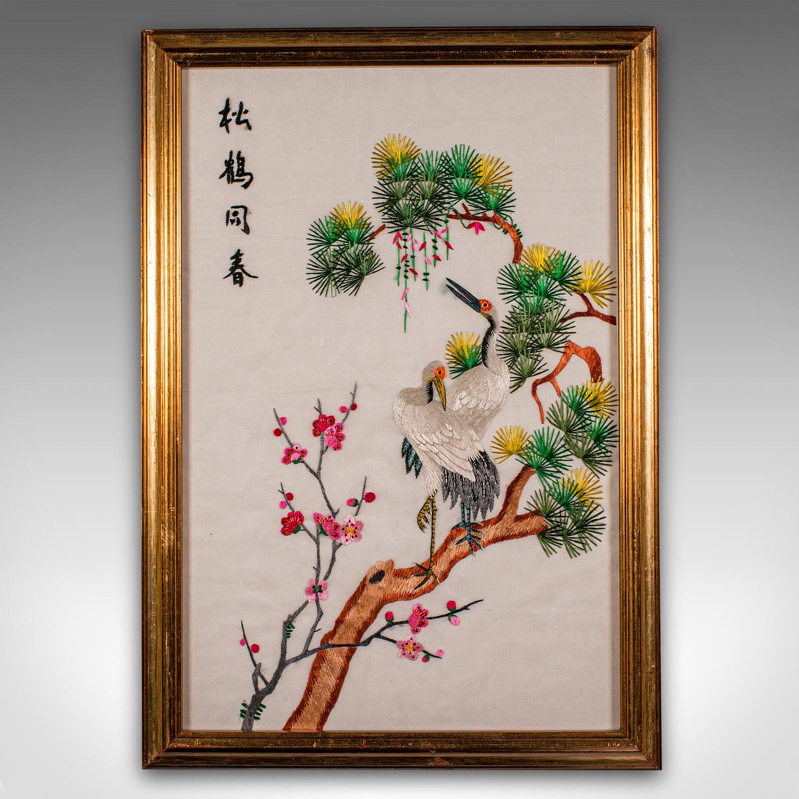 
This is a vintage embroidered crane panel. A Korean, silk cotton embroidery, dating to the Art Deco period, circa 1930.

Charming Art Deco embroidery, ready to display
Presents a desirable aged patina and in good order
Silk cotton skilfully woven