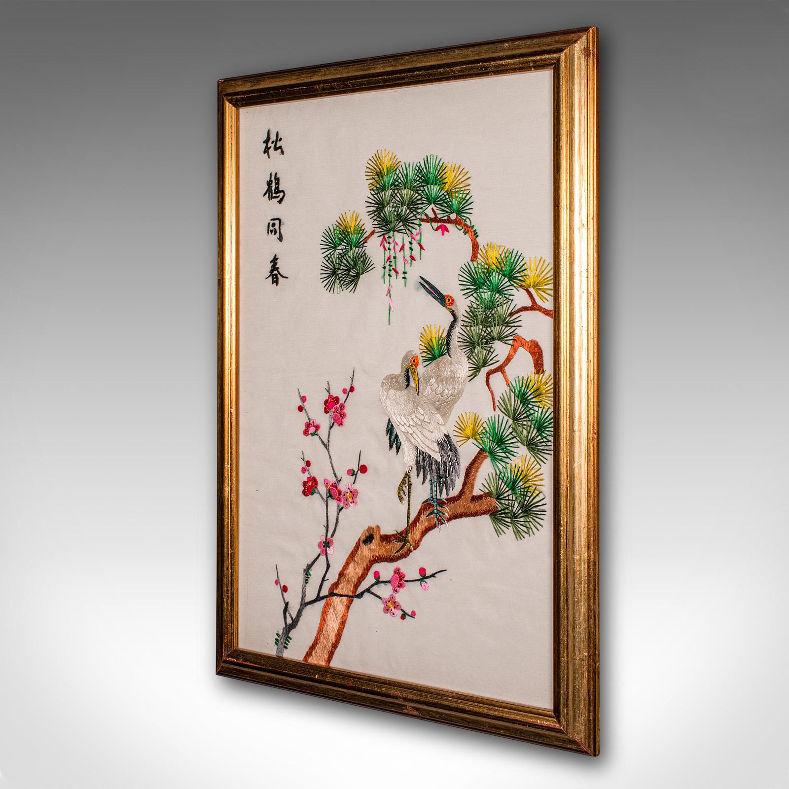 Vintage Embroidered Crane Panel, Korean, Silk Cotton, Embroidery, Art Deco, 1930 In Good Condition For Sale In Hele, Devon, GB